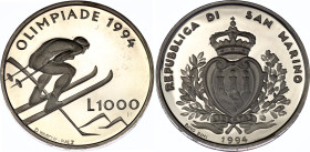 San Marino 1000 Lire 1994 R
KM# 316, N# 36670; Silver., Proof; Winter Olympics in Lillehammer 1994; With a nice toning