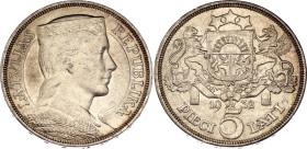 Latvia 5 Lati 1932
KM# 9, Schön# 9, N# 6595; Silver; London Mint; AUNC