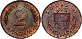 Latvia 2 Santimi 1939
KM# 11.1, Schön# 11, N# 4918; Bronze; Mintage 45000; UNC Toned