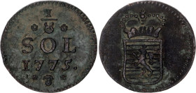 Luxembourg 1/8 Sol 1775
L# 253-1, Weiller# 243, Vanhoudt# 840, KM# 5, BV# 254, N# 36090; Copper; Maria Theresia (1740-1780); XF