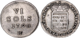 Luxembourg 6 Sols 1790 H
L# 259-1, Weiller# 249, Vanhoudt# 880, KM# 17, BV# 260, N# 36106; Silver ; Leopold II (1790-1792); XF
