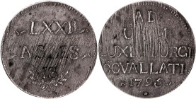 Luxembourg 72 Asses 1795
L# 262-1, Weiller# 252, Vanhoudt# 892, KM# 20, BV# 263, N# 36184; Silver ; Francis II (1792-1795); Obsidional coin struck by...