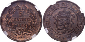 Luxembourg 5 Centimes 1854 GENI MS62
L# 265-1, Weiller# 255, BV# 267, KM# 22, Schön# 2, N# 2998; Bronze; William III (1849-1890); UNC
