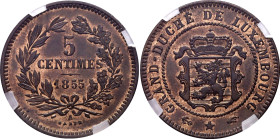 Luxembourg 5 Centimes 1855 A GENI MS63
L# 265-2, Weiller# 255, BV# 267, KM# 22, Schön# 2, N# 2998; Bronze; William III (1849-1890); UNC