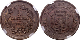 Luxembourg 5 Centimes 1860 A GENI AU50
L# 265-3, Weiller# 255, BV# 267, KM# 22, Schön# 2, N# 2998; Bronze; William III (1849-1890); AUNC