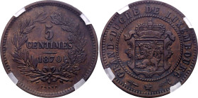 Luxembourg 5 Centimes 1870 GENI AU55
L# 265-5, Weiller# 255, BV# 267, KM# 22, Schön# 2, N# 2998; Bronze; William III (1849-1890); AUNC