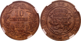 Luxembourg 10 Centimes 1854 GENI MS61
L# 264-1, Weiller# 254, BV# 266, KM# 23, Schön# 3, N# 3800; Bronze; William III (1849-1890); UNC