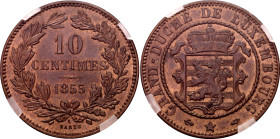 Luxembourg 10 Centimes 1855 A GENI AU55
L# 264-2, Weiller# 254, BV# 266, KM# 23, Schön# 3, N# 3800; Bronze; William III (1849-1890); AUNC