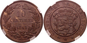 Luxembourg 10 Centimes 1865 A GENI MS63
L# 264-5, Weiller# 254, BV# 266, KM# 23, Schön# 3, N# 3800; Bronze; William III (1849-1890); UNC