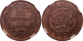 Luxembourg 10 Centimes 1870 GENI MS62
L# 264-6, Weiller# 254, BV# 266, KM# 23, Schön# 3, N# 3800; Bronze; William III (1849-1890); UNC