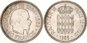Monaco 10 Francs 1966
KM# 146, Gad# MC155, N# 11357; Silver; Rainier III; 110th Anniversary of the Accession of Prince Charles III; UNC Toned