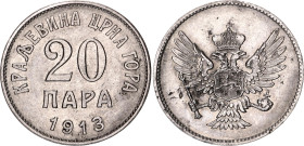 Montenegro 20 Para 1913
KM# 19; Nickel; Nicholas I; XF+