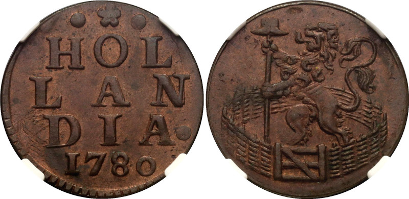 Netherlands Holland 1 Duit 1780 NGC MS64 BN
KM# 80, N# 8575; Copper; Mint luste...
