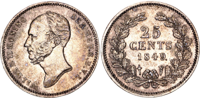 Netherlands 25 Cents 1849
KM# 76, N# 16122; Silver; Willem II; AUNC with mint l...