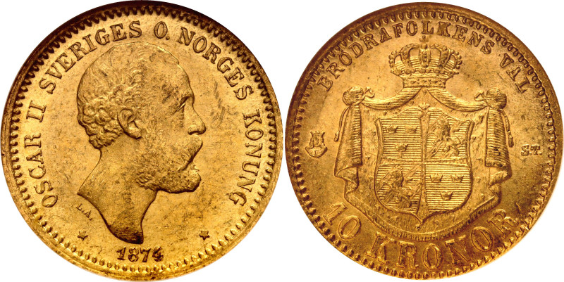 Sweden 10 Kronor 1874 ST NGC MS63
KM# 732, N# 34317; Gold (.900), 4.48 g.; Osca...