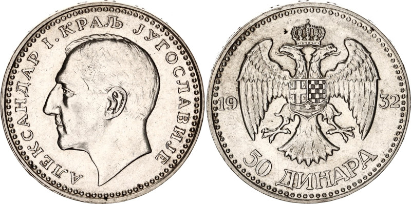 Yugoslavia 50 Dinara 1932
KM# 16, N# 16520; Without signature ; Silver; Aleksan...