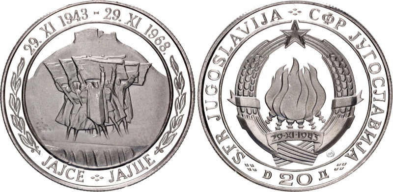 Yugoslavia 20 Dinara 1968
KM# 49, Schön# 44, N# 22861; Silver, Proof; 25th Anni...