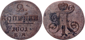 Russia 2 Kopeks 1801 ЕМ
Bit# 117; Copper 22.16 g.; AUNC with mint luster