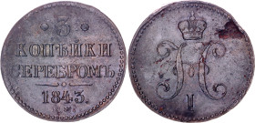 Russia 3 Kopeks 1843 EM
Bit# 542; Copper 25.31 g.; XF