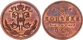 Russia 1/2 Kopek 1912 СПБ
Bit# 272, N# 5933; Copper 1.64 g.; Franz Joseph I; UNC with a nice toning