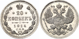 Russia 20 Kopeks 1914 СПБ BC
Bit# 116, Conros# 146/91; Silver 3.62 g.; UNC Luster