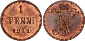 Russia - Finland 1 Penni 1911
Bit# 471, KM# 13, Schön# 1, N# 6796; Copper 1.26g.; Nicholas II (1894-1917); AUNC with mint luster