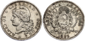 Argentina 50 Centavos 1883
KM# 28, N# 11353; Silver; XF/AUNC with minor hairlines & nice toning
