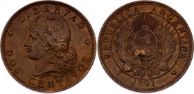 Argentina 2 Centavos 1891
KM# 33, N# 2220; Bronze; UNC