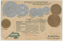 Argentina Post Card "Coins of Argentina" 1904 - 1912 (ND)
Argentina Coinage Postcard; Currency exchange chart; Emb. litho; Hugo Semmler, Magdeburg (H...