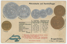 Argentina Post Card "Coins of Argentina" 1904 - 1937 (ND)
Carton; Argentina Coinage Postcard; Currency exchange chart; Emb. litho; German text