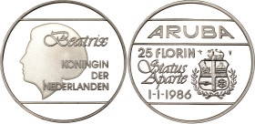Aruba 25 Florin 1986
KM# 7, N# 7699; Silver, Proof; Beatrix; Status Aparte; Mintage 5000 pcs.