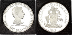 Bahamas 10 Dollars 1978
KM# 78.2, N# 15182; Silver., Proof; 5th Anniversary of Independence - The portrait of Prince Charles; Elizabeth II; Royal Min...