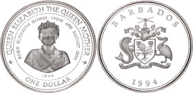 Barbados 1 Dollar 1994
KM# 57, N# 22432; Silver., Proof; Queen Elizabeth the Queen Mother; Mintage: 50000 pcs.