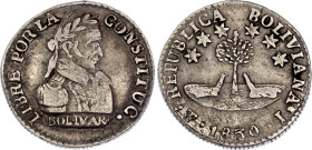 Bolivia 1/2 Sol 1830 PTS J
KM# 93.2a, N# 22118; Narrow date, small star; Silver; XF with toning