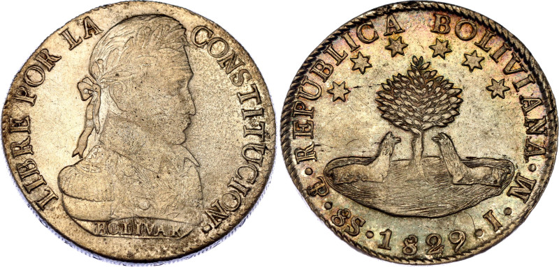 Bolivia 8 Soles 1829 PTS IM
KM# 97, N# 23224; Silver; AUNC with nice toning & w...