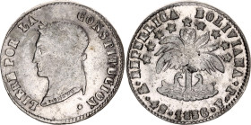 Bolivia 4 Soles 1856 PTS FJ
KM# 123.2, N# 23934; Silver; Simon Bolivar; VF+