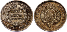 Bolivia 5 Centavos 1881 PTS FE
KM# 157.1, N# 4315; Silver; UNC, worn die