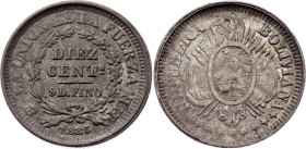 Bolivia 10 Centavos 1885 FE
KM# 158.3, N# 4316; Silver; UNC, weak strike