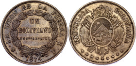 Bolivia 1 Boliviano 1874 PTS FE
KM# 160.1, N# 38132; Silver; XF