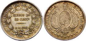 Bolivia 50 Centavos 1891 PTS CB
KM# 161.5, N# 26167; Lettering without weight; Silver; UNC with nice toning