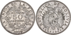 Bolivia 50 Centavos 1909 H
KM# 177, N# 14507; Silver; Heaton Mint; UNC with full mint luster