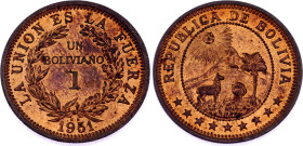 Bolivia 1 Boliviano 1951 KN
KM# 184, N# 2126; Bronze; Simon Bolivar; Birmingham Mint; UNC with red mint luster