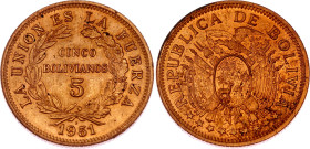 Bolivia 5 Bolivianos 1951 H
KM# 185, N# 2127; Bronze; Simon Bolivar; Heaton Mint; UNC with red mint luster