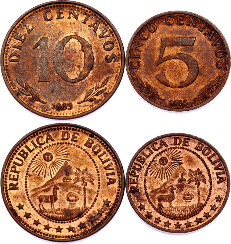 Bolivia 5 - 10 Centavos 1965
KM# 187- 188; Copper clad steel; UNC with full red...