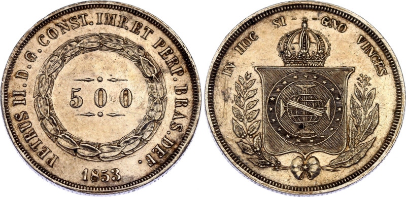 Brazil 500 Reis 1853
KM# 464, N# 3673; Silver; Pedro II; XF/AUNC with minor hai...