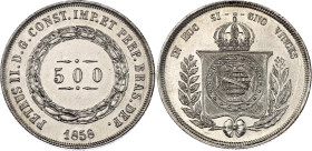 Brazil 500 Reis 1858
KM# 464, N# 3673; Silver; Pedro II; UNC- with minor hairlines & mint luster