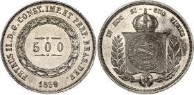 Brazil 500 Reis 1859
KM# 464, N# 3673; Silver; Pedro II; UNC with minor hairlines & mint luster