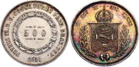 Brazil 500 Reis 1860
KM# 464, N# 3673; Silver; Pedro II; Mintage 108380 pcs.; AUNC with minor hairlines & amazing toning
