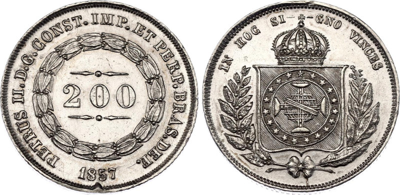 Brazil 200 Reis 1857
KM# 469, N# 3674; Spikes on crown; Silver; Pedro II; Rio d...