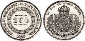 Brazil 200 Reis 1857
KM# 469, N# 3674; Spikes on crown; Silver; Pedro II; Rio de Janeiro Mint; AUNC/UNC with hairlined